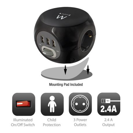 TOMADA TRIPLA EWENT + 3 USB 2.4A 1,5MT PRETO