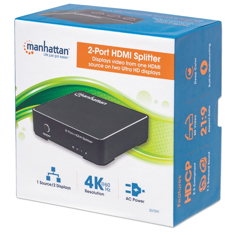 ADAPTADOR HDMI SPLITTER 4K 2 PORTAS MANHATTAN